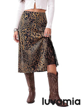 luvamia Satin Skirts for Women Leopard Slit Lace Trim A Line Midi Skirt Hidden Elastic Waistband, High Waisted Stretchy Slip Skirt, Flowy Animal Cheetah Print, Casual Side Split Bias Cut Skirts