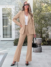 luvamia 2 Piece Sets for Women Blazer Pants Suits Business Casual Outfits Long Sleeve Belted Double Breasted Blazer, Elastic High Waisted Flared Pants, Dressy Pantsuits, Work Outfits for Women Office