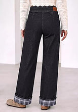 luvamia FleXclusive Wide Leg Jeans for Women Plaid Cuffed Hem Denim Pants High Waisted Button Zipper Closure, Relax Daily Fit, Contrast Hem Panel, Western Outfit, Vertical Seam Stitch, Full Length, Stretchy Denim