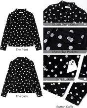 luvamia Jean Jacket Women Polka Dot Fall Stretch Denim Jacket With Pockets Classic Trucker Silhouette, Slightly Cropped Fit, Chest Flap Pockets, Button Front, Country Concert, Fall Outfits for Women