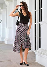 luvamia Plaid Midi Skirts for Women High Waist A-Line Fall Skirt with Belt Front Slit Opening, Asymmetrical Front Hem, Overlapping Front Panel, Diagonal Plaid Pattern, Back Elastic Waist, Fall Outfits