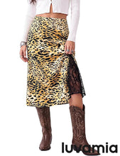 luvamia Satin Skirts for Women Leopard Slit Lace Trim A Line Midi Skirt Hidden Elastic Waistband, High Waisted Stretchy Slip Skirt, Flowy Animal Cheetah Print, Casual Side Split Bias Cut Skirts