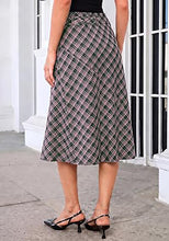 luvamia Plaid Midi Skirts for Women High Waist A-Line Fall Skirt with Belt Front Slit Opening, Asymmetrical Front Hem, Overlapping Front Panel, Diagonal Plaid Pattern, Back Elastic Waist, Fall Outfits