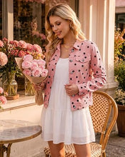 luvamia Jean Jacket Women Polka Dot Fall Stretch Denim Jacket With Pockets Classic Trucker Silhouette, Slightly Cropped Fit, Chest Flap Pockets, Button Front, Country Concert, Fall Outfits for Women