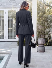 luvamia 2 Piece Sets for Women Blazer Pants Suits Business Casual Outfits Long Sleeve Belted Double Breasted Blazer, Elastic High Waisted Flared Pants, Dressy Pantsuits, Work Outfits for Women Office