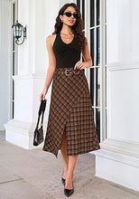 luvamia Plaid Midi Skirts for Women High Waist A-Line Fall Skirt with Belt Front Slit Opening, Asymmetrical Front Hem, Overlapping Front Panel, Diagonal Plaid Pattern, Back Elastic Waist, Fall Outfits