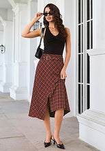 luvamia Plaid Midi Skirts for Women High Waist A-Line Fall Skirt with Belt Front Slit Opening, Asymmetrical Front Hem, Overlapping Front Panel, Diagonal Plaid Pattern, Back Elastic Waist, Fall Outfits