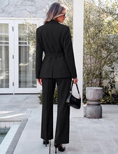 luvamia 2 Piece Sets for Women Blazer Pants Suits Business Casual Outfits Long Sleeve Belted Double Breasted Blazer, Elastic High Waisted Flared Pants, Dressy Pantsuits, Work Outfits for Women Office