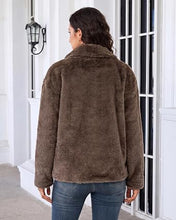 luvamia Faux Fur Jackets for Women Fall Coats Oversized Winter Outerwears Short Pile Surface, Side Pockets, Wide Lapel Collar, Dropped Shoulder, Fall Winter Layering, Snap Button Closure, Open Front