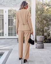 luvamia Pants Suits for Women Dressy 2 Piece Sets Business Casual Outfits Long Sleeve Collarless Blazers, Elastic Waist Wide Leg Pants, Adjustable Back Buckle‌, Professional Work Office Pantsuits