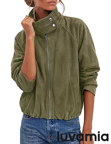 luvamia Faux Suede Jackets Women Oversized Cropped Funnel Neck Zip Up Coats Soft Faux Suede, Stand Collar, Loose Fit, Front Zipper, Modern Bomber Silhouette & Adjustable Hem, Fall Essential Outerwear