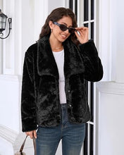 luvamia Faux Fur Jackets for Women Fall Coats Oversized Winter Outerwears Short Pile Surface, Side Pockets, Wide Lapel Collar, Dropped Shoulder, Fall Winter Layering, Snap Button Closure, Open Front