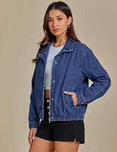 luvamia Jean Jacket Women Funnel Neck Zip Up Oversized Casual Denim Jackets Long Sleeve Short Jackets for Women, Elastic Hem Detail, Side Slant Pockets, Drop Shoulder, No Stretch, Western Fall Outfits