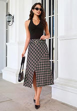 luvamia Plaid Midi Skirts for Women High Waist A-Line Fall Skirt with Belt Front Slit Opening, Asymmetrical Front Hem, Overlapping Front Panel, Diagonal Plaid Pattern, Back Elastic Waist, Fall Outfits