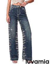 luvamia FleXclusive Wide Leg Rhinestone Jeans for Women High Waist Stretchy Denim Pants Sparkly Bling Jeans, Rhinestone Embellished, Baggy Straight Leg, 29.5" Inch Inseam, Trendy, Party, Night Out, Concert Outfits