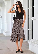 luvamia Plaid Midi Skirts for Women High Waist A-Line Fall Skirt with Belt Front Slit Opening, Asymmetrical Front Hem, Overlapping Front Panel, Diagonal Plaid Pattern, Back Elastic Waist, Fall Outfits
