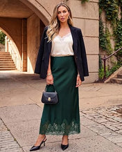 luvamia Satin Maxi Skirt Elastic Waist Lace Trim Long Slip Skirts for Women Long Satin Skirt, Silky Fabric, Bias Cut, Easy Pull On Elastic Waistband, Straight Silhouette, Lace Hem Slip Skirt