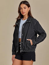 luvamia Jean Jacket Women Funnel Neck Zip Up Oversized Casual Denim Jackets Long Sleeve Short Jackets for Women, Elastic Hem Detail, Side Slant Pockets, Drop Shoulder, No Stretch, Western Fall Outfits