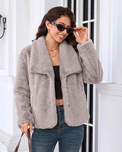 luvamia Faux Fur Jackets for Women Fall Coats Oversized Winter Outerwears Short Pile Surface, Side Pockets, Wide Lapel Collar, Dropped Shoulder, Fall Winter Layering, Snap Button Closure, Open Front