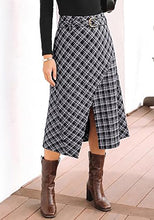 luvamia Plaid Midi Skirts for Women High Waist A-Line Fall Skirt with Belt Front Slit Opening, Asymmetrical Front Hem, Overlapping Front Panel, Diagonal Plaid Pattern, Back Elastic Waist, Fall Outfits