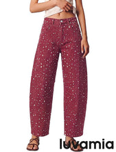 luvamia Barrel Jeans Women Deer Print High Waisted Patterned Denim Pants Knee Darts, 27.5" Inseam, Stretchy, Patterned Pants, Deer Fawn Print, Baggy Jeans Y2K, Speckled Dots, Concert Outfits Women