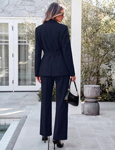 luvamia 2 Piece Sets for Women Blazer Pants Suits Business Casual Outfits Long Sleeve Belted Double Breasted Blazer, Elastic High Waisted Flared Pants, Dressy Pantsuits, Work Outfits for Women Office