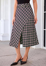 luvamia Plaid Midi Skirts for Women High Waist A-Line Fall Skirt with Belt Front Slit Opening, Asymmetrical Front Hem, Overlapping Front Panel, Diagonal Plaid Pattern, Back Elastic Waist, Fall Outfits