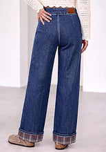 luvamia FleXclusive Wide Leg Jeans for Women Plaid Cuffed Hem Denim Pants High Waisted Button Zipper Closure, Relax Daily Fit, Contrast Hem Panel, Western Outfit, Vertical Seam Stitch, Full Length, Stretchy Denim