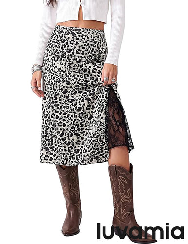 luvamia Satin Skirts for Women Leopard Slit Lace Trim A Line Midi Skirt Hidden Elastic Waistband, High Waisted Stretchy Slip Skirt, Flowy Animal Cheetah Print, Casual Side Split Bias Cut Skirts