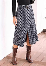 luvamia Plaid Midi Skirts for Women High Waist A-Line Fall Skirt with Belt Front Slit Opening, Asymmetrical Front Hem, Overlapping Front Panel, Diagonal Plaid Pattern, Back Elastic Waist, Fall Outfits
