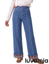 luvamia FleXclusive Wide Leg Jeans for Women Plaid Cuffed Hem Denim Pants High Waisted Button Zipper Closure, Relax Daily Fit, Contrast Hem Panel, Western Outfit, Vertical Seam Stitch, Full Length, Stretchy Denim