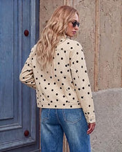 luvamia Jean Jacket Women Polka Dot Fall Stretch Denim Jacket With Pockets Classic Trucker Silhouette, Slightly Cropped Fit, Chest Flap Pockets, Button Front, Country Concert, Fall Outfits for Women