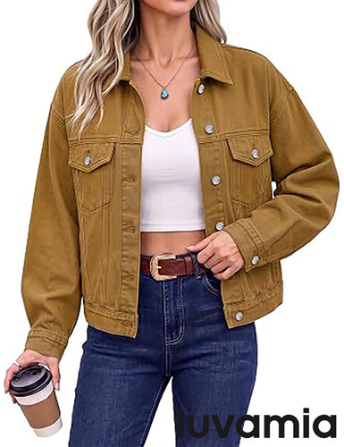 luvamia Jean Jacket Women Button Down Long Sleeve Oversized Denim Jackets Casual Jackets for Women Trendy, 2 Functional Side Pockets, No Stretch, Western Fall Outfits, Country Concert Outfits