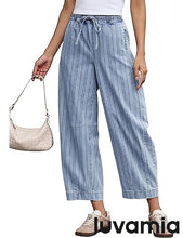luvamia FleXclusive Barrel Jeans Women Trendy Striped Cropped High Waisted Pull On Elastic Waist Wide Leg Casual Stretch Denim Pants