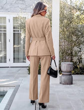 luvamia 2 Piece Sets for Women Blazer Pants Suits Business Casual Outfits Long Sleeve Belted Double Breasted Blazer, Elastic High Waisted Flared Pants, Dressy Pantsuits, Work Outfits for Women Office