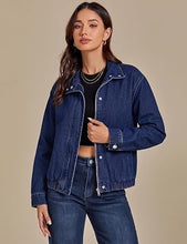 luvamia Jean Jacket Women Funnel Neck Zip Up Oversized Casual Denim Jackets Long Sleeve Short Jackets for Women, Elastic Hem Detail, Side Slant Pockets, Drop Shoulder, No Stretch, Western Fall Outfits