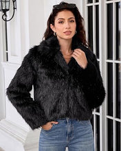 luvamia Faux Fur Jackets for Women Shaggy Crop Coats Fall Winter Outerwear Hook Closure, Long Sleeve, Lapel Collar, Date Night Outfit, Drop Shoulder, Clean Front Design, Long Pile Texture, Solid Color
