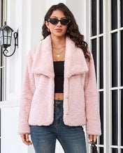 luvamia Faux Fur Jackets for Women Fall Coats Oversized Winter Outerwears Short Pile Surface, Side Pockets, Wide Lapel Collar, Dropped Shoulder, Fall Winter Layering, Snap Button Closure, Open Front