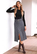 luvamia Plaid Midi Skirts for Women High Waist A-Line Fall Skirt with Belt Front Slit Opening, Asymmetrical Front Hem, Overlapping Front Panel, Diagonal Plaid Pattern, Back Elastic Waist, Fall Outfits