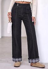 luvamia FleXclusive Wide Leg Jeans for Women Plaid Cuffed Hem Denim Pants High Waisted Button Zipper Closure, Relax Daily Fit, Contrast Hem Panel, Western Outfit, Vertical Seam Stitch, Full Length, Stretchy Denim