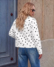 luvamia Jean Jacket Women Polka Dot Fall Stretch Denim Jacket With Pockets Classic Trucker Silhouette, Slightly Cropped Fit, Chest Flap Pockets, Button Front, Country Concert, Fall Outfits for Women