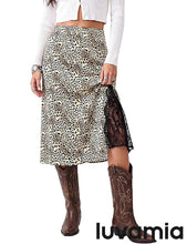 luvamia Satin Skirts for Women Leopard Slit Lace Trim A Line Midi Skirt Hidden Elastic Waistband, High Waisted Stretchy Slip Skirt, Flowy Animal Cheetah Print, Casual Side Split Bias Cut Skirts