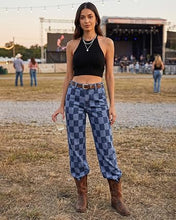 luvamia Checkered Pants Women High Rise Cinch-Waist Stretchy Wide Leg Jeans Adjustable Waist, Patterned Pants for Women, Baggy Jeans Y2K, Checkerboard Print, Alternative Clothes