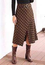 luvamia Plaid Midi Skirts for Women High Waist A-Line Fall Skirt with Belt Front Slit Opening, Asymmetrical Front Hem, Overlapping Front Panel, Diagonal Plaid Pattern, Back Elastic Waist, Fall Outfits