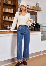luvamia FleXclusive Wide Leg Jeans for Women Plaid Cuffed Hem Denim Pants High Waisted Button Zipper Closure, Relax Daily Fit, Contrast Hem Panel, Western Outfit, Vertical Seam Stitch, Full Length, Stretchy Denim