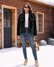 luvamia Faux Fur Jackets for Women Fall Coats Oversized Winter Outerwears Short Pile Surface, Side Pockets, Wide Lapel Collar, Dropped Shoulder, Fall Winter Layering, Snap Button Closure, Open Front