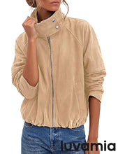 luvamia Faux Suede Jackets Women Oversized Cropped Funnel Neck Zip Up Coats Soft Faux Suede, Stand Collar, Loose Fit, Front Zipper, Modern Bomber Silhouette & Adjustable Hem, Fall Essential Outerwear