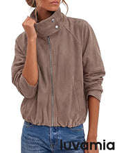 luvamia Faux Suede Jackets Women Oversized Cropped Funnel Neck Zip Up Coats Soft Faux Suede, Stand Collar, Loose Fit, Front Zipper, Modern Bomber Silhouette & Adjustable Hem, Fall Essential Outerwear