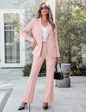 luvamia 2 Piece Sets for Women Blazer Pants Suits Business Casual Outfits Long Sleeve Belted Double Breasted Blazer, Elastic High Waisted Flared Pants, Dressy Pantsuits, Work Outfits for Women Office