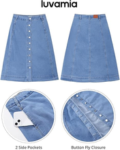 luvamia FleXclusive Jean Skirts for Women Trendy Midi Length A Line Western Casual Button Down Stretchy Denim Skirt with Pockets